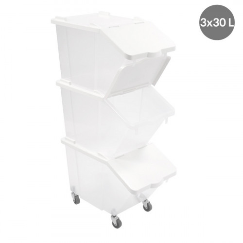 Bacs à ingrédients plastique blanc 56,5x31,5x99 cm 30 L Avec couvercle Avec roues Gilac (3 pièces)